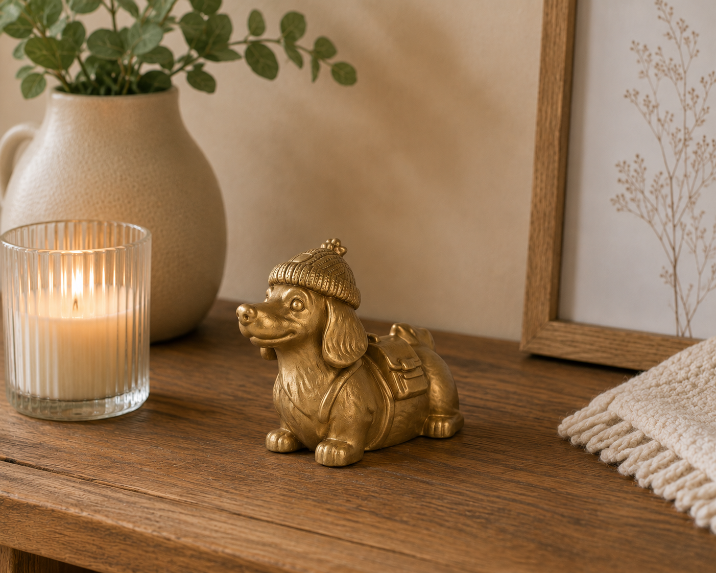 Gold Dachshund Figurine – Cute Wiener Dog with Backpack & Hat – Luxury Dog Decor – Dachshund Lover Gift – Handmade Ornament