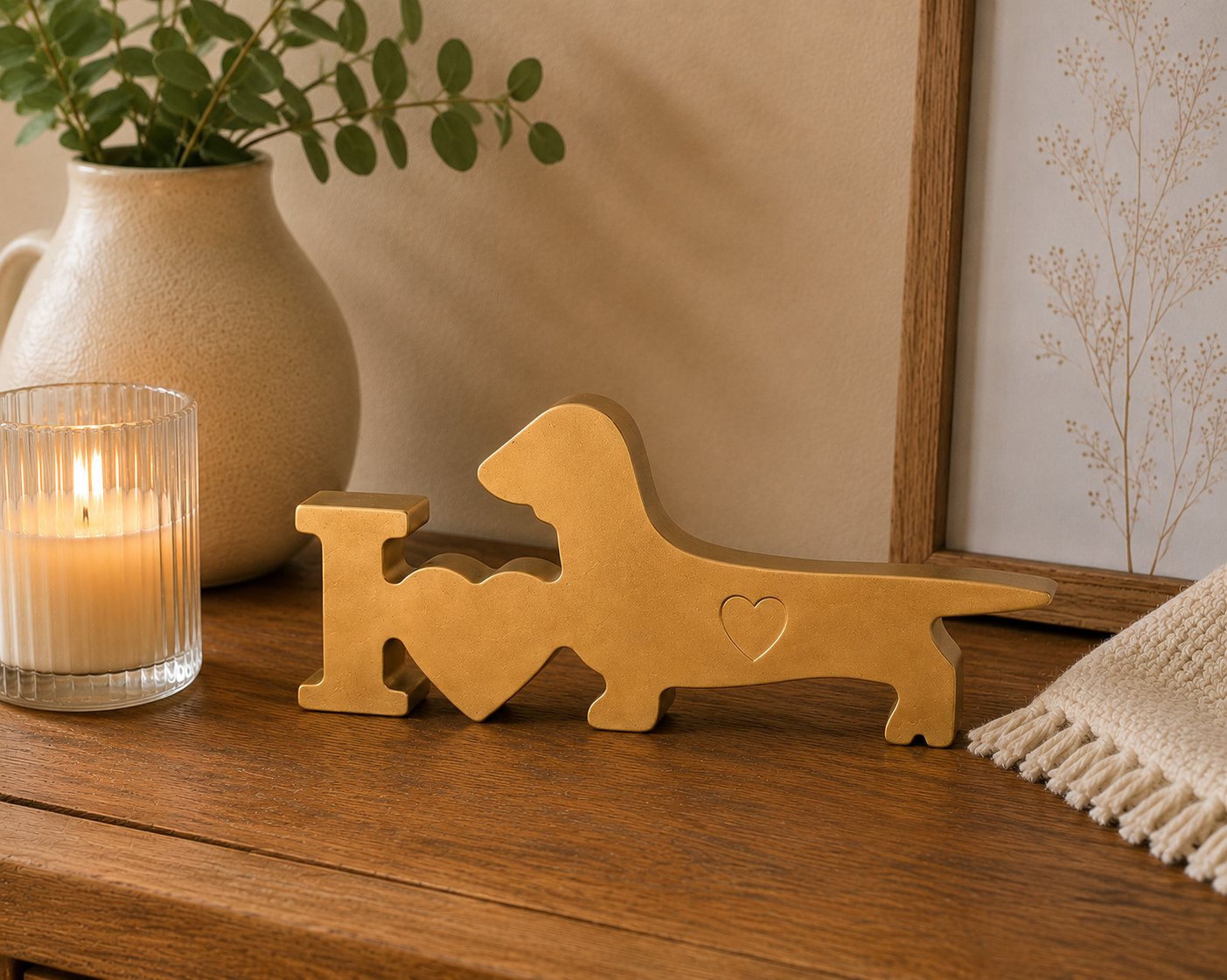 Gold I ❤️ Dachshund Figurine – Wiener Dog Decor – Dachshund Lover Gift – Minimal Dog Sign – Handmade Raysin Ornament